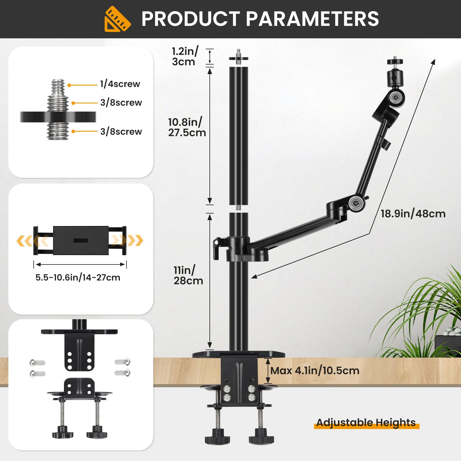 Tarion Camera Arm Mount Desk Stand: Heavy Duty Dslr Desktop Mount Camera Stand With Tablet Holder Double C Clamp 1/4 3/8 Screw Adapter Articulating Arm For Selfie Streaming Videography Titanrig Lite Z
